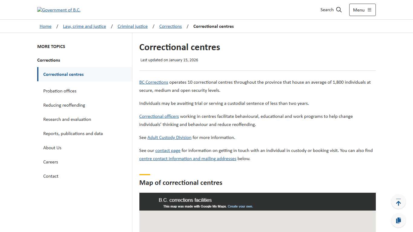 Correctional centres - Province of British Columbia
